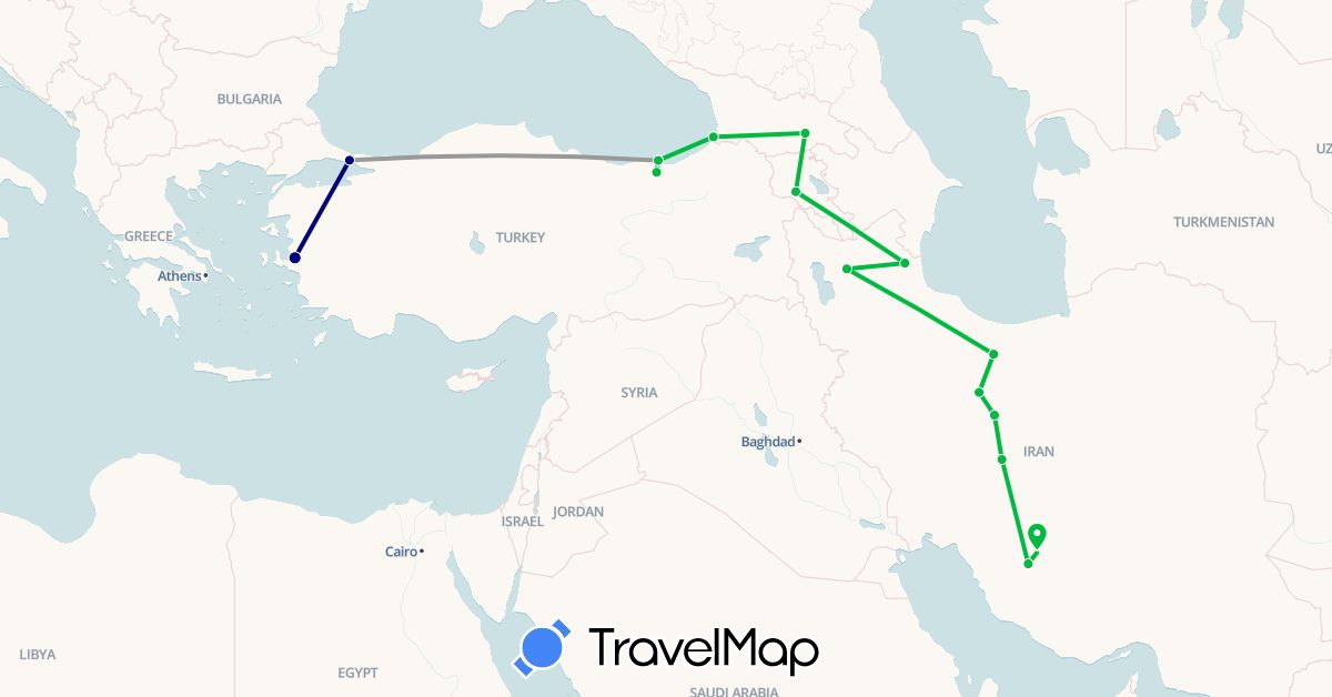 TravelMap itinerary: driving, bus, plane in Armenia, Georgia, Iran, Turkey (Asia)